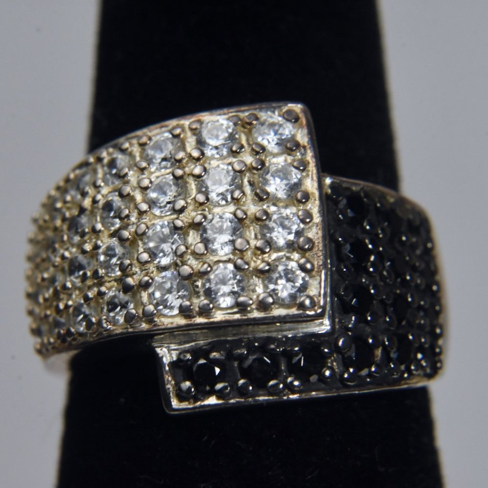 Ross-Simons - Sterling Silver White and Black Crystal Pave Set Ring - Size 6